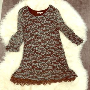 Turquoise and brown lace dress. LARGE.